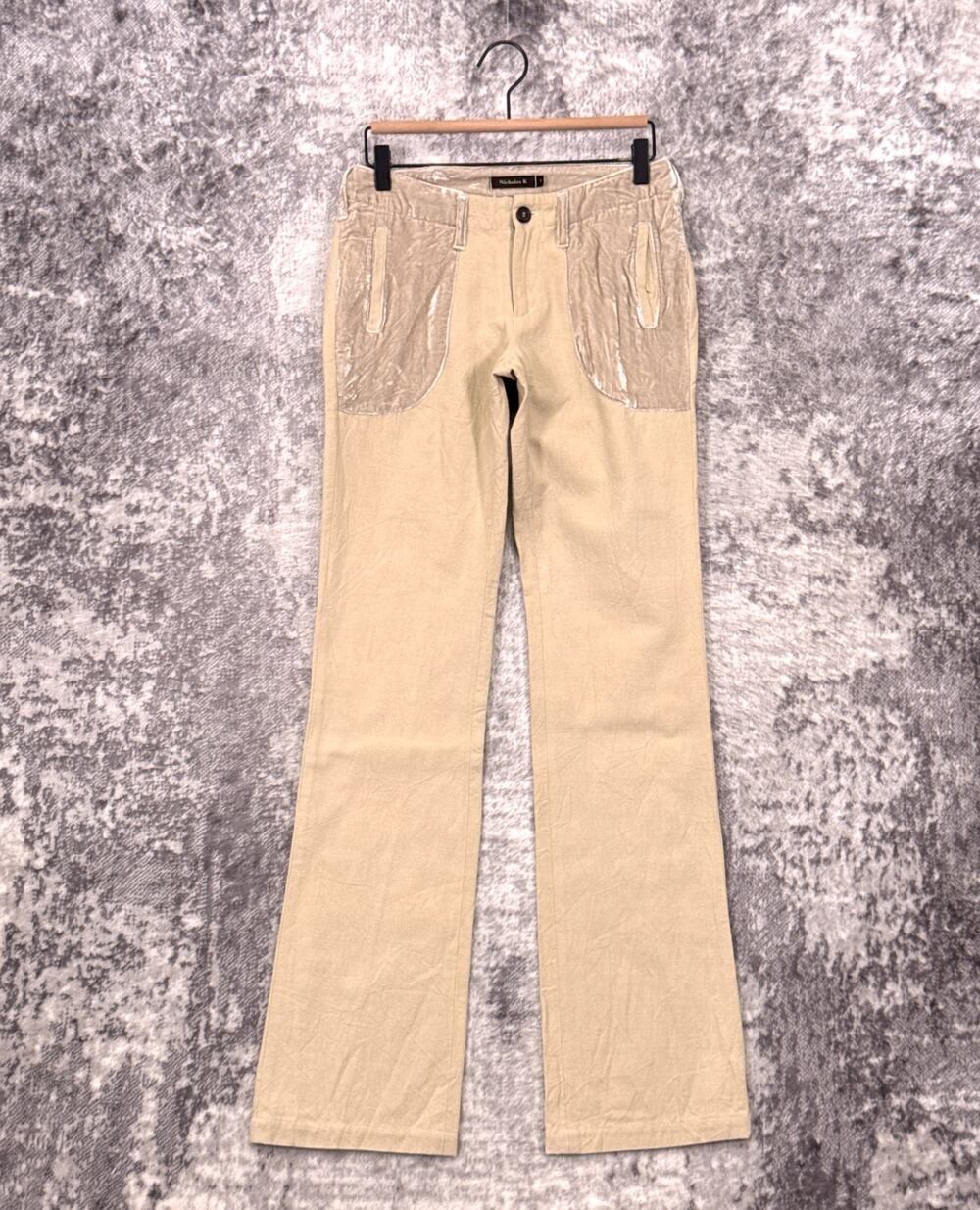 Nicholas K Pants 2 Womens Linen Twill Boot Flare Silk Velvet Trim Trouser Y2K